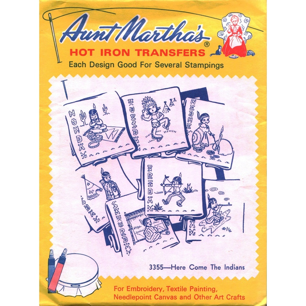 Aunt Martha's Hot Iron Transfers 3355 Here Come The Indians Embroidery Patterns